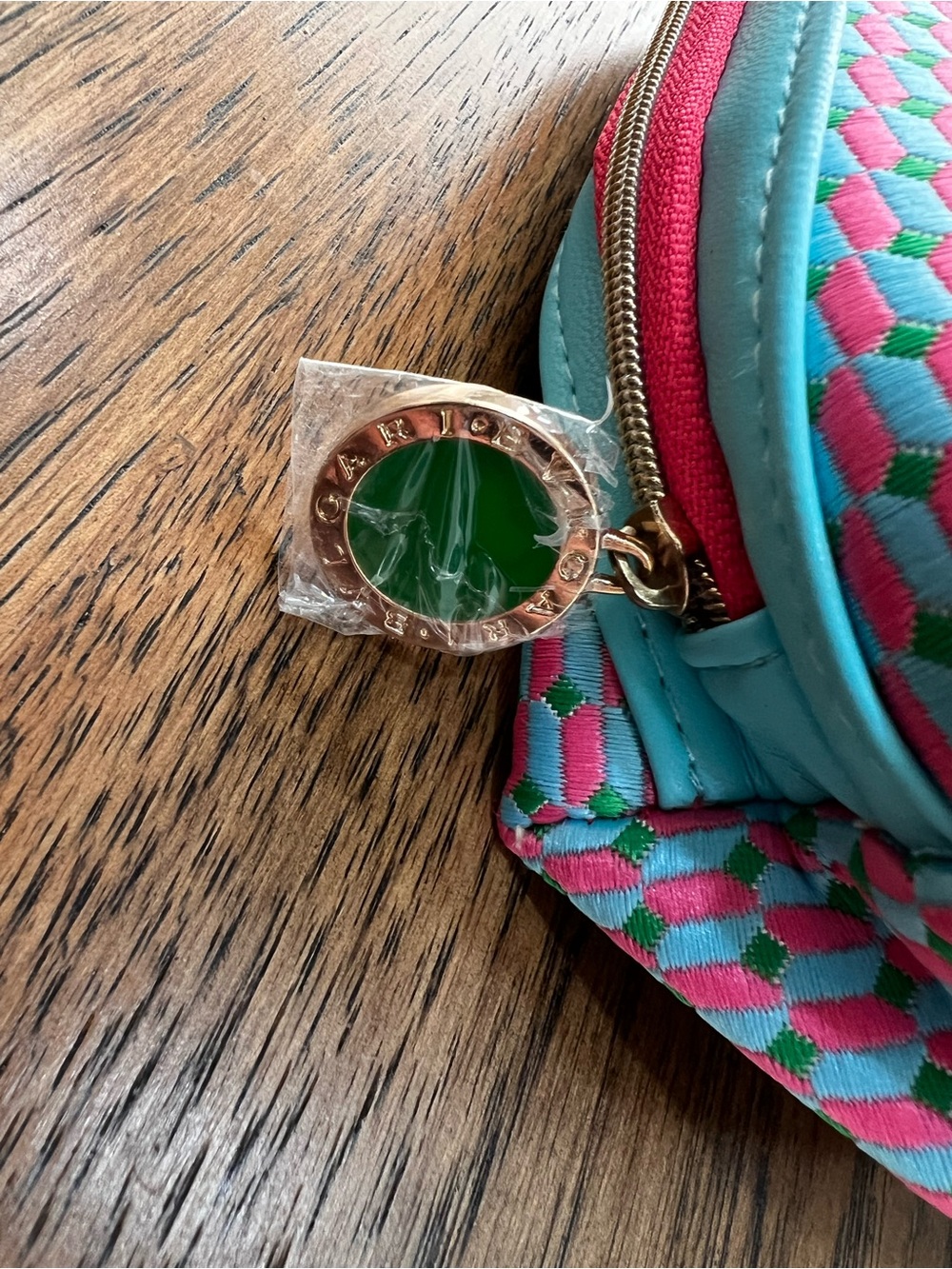 Bulgari Pink, Turquoise & Green Geometric Pouch with Gold Plaque - Picture 3 of 5